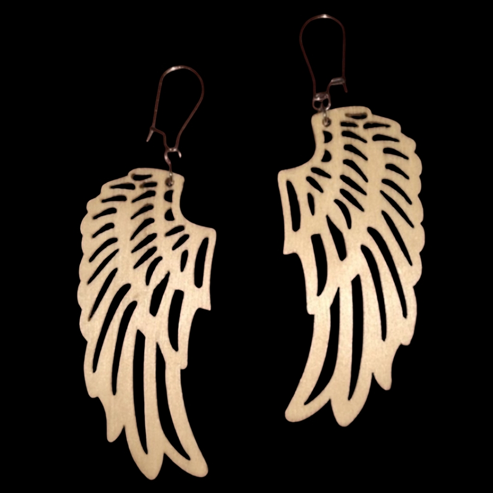 Big Carved Wood Angel Wings Bird Wing Earrings Bohemian Oversize Boho Steel Wire